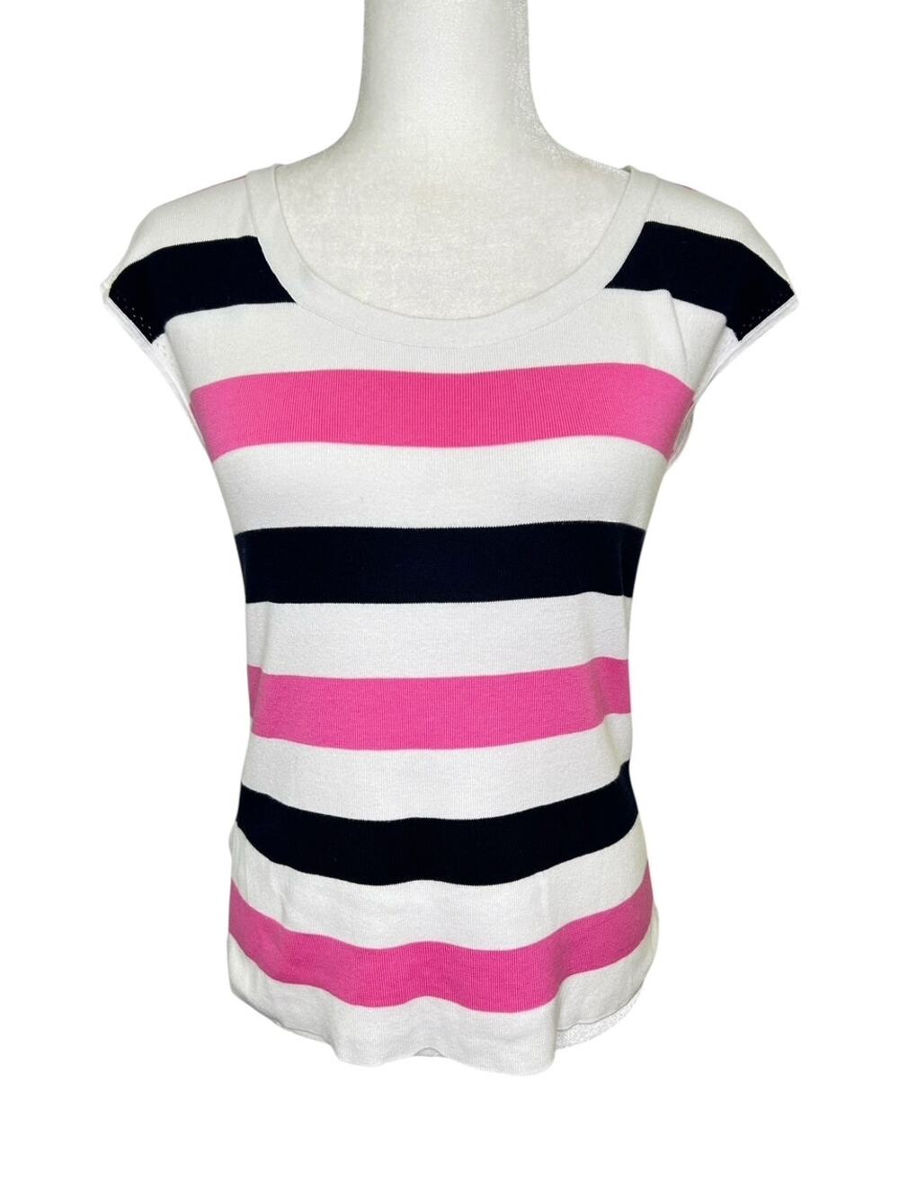 Talbots Bright Pink Black White Striped Scoop Neck Cap Sleeve Top